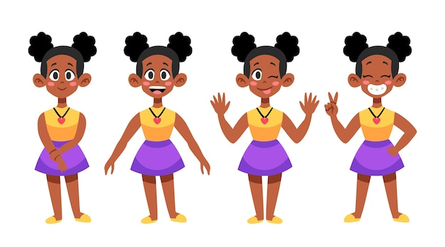 Free vector flat-hand drawn black girl in different poses