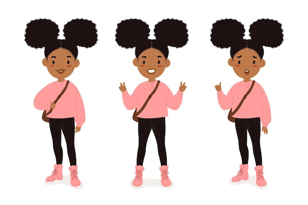 Free vector flat-hand drawn black girl in different poses