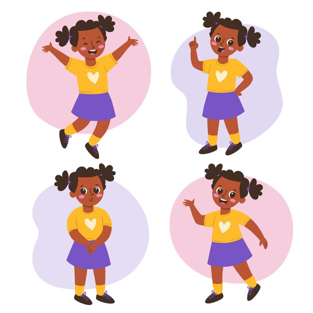 Flat-hand drawn black girl in different poses