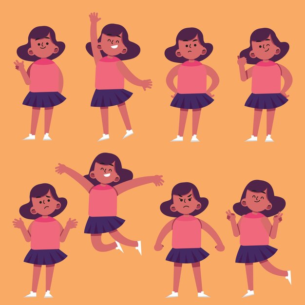 Flat-hand drawn black girl in different poses