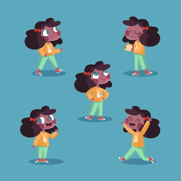 Flat-hand drawn black girl in different poses
