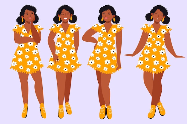 Flat-hand drawn black girl in different poses