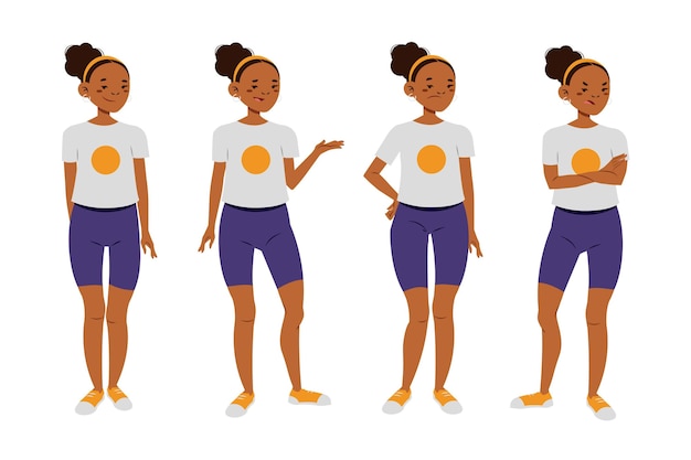 Free vector flat-hand drawn black girl in different poses