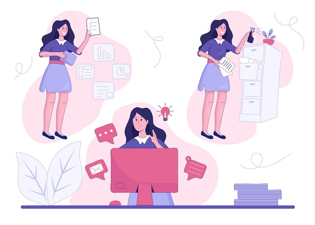 Vettore gratuito illustrazione multitasking della donna di affari disegnata a mano piatta