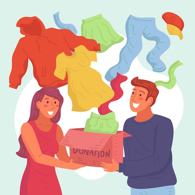 Плоская рисованная иллюстрация пожертвования одежды с людьми