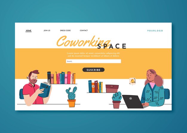 Flat hand drawn coworking landing page