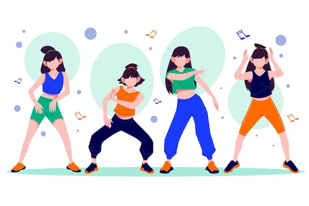 Flat-hand drawn dance fitness steps illustration with people