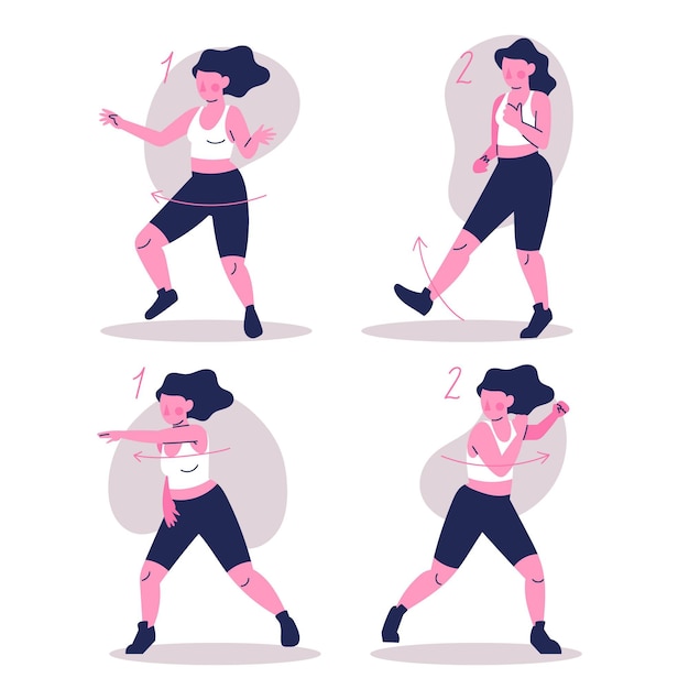 Illustrazione di passi di fitness danza disegnata a mano piatta con persone