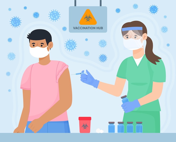 Free Vector flat-hand drawn doctor injecting vaccine to a patient illustration