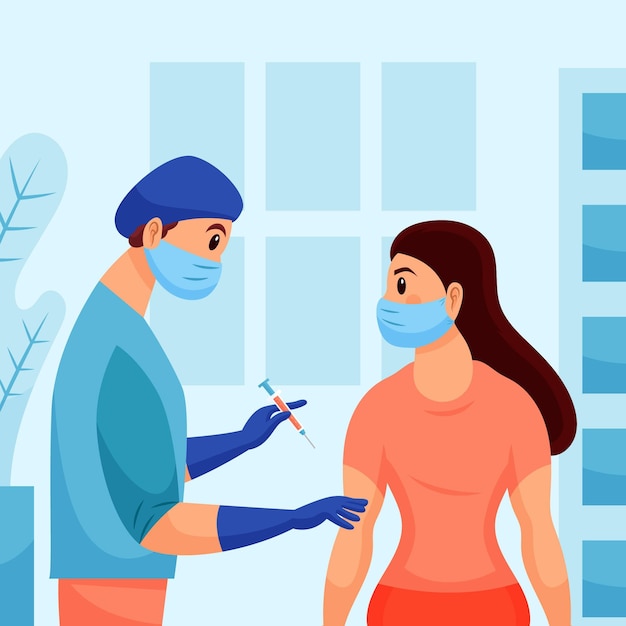 Free vector flat-hand drawn doctor injecting vaccine to a patient illustration