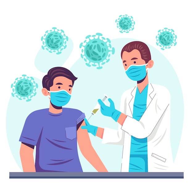 Free vector flat-hand drawn doctor injecting vaccine to a patient