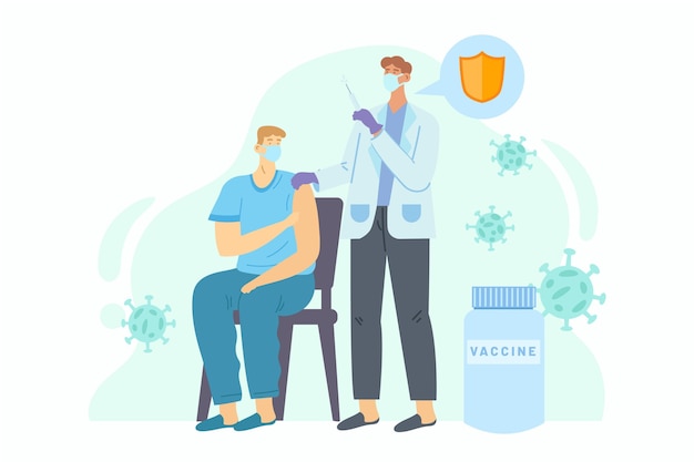 Бесплатное векторное изображение Врач с плоской рукой вводит вакцину пациенту