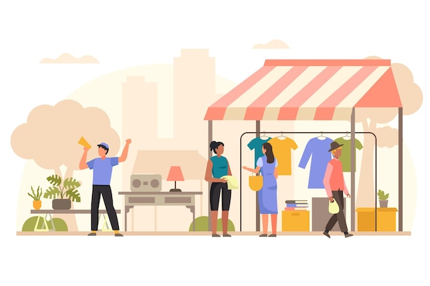 ファッションフリーマーケット 人々は服を売買し 空中通りのスワップパーティーと服フラットイラストの公正 プレミアムベクター