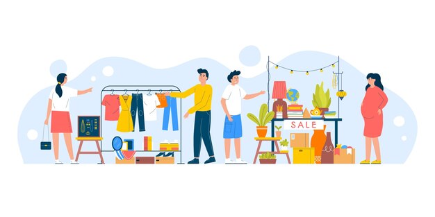 フリーマーケットコンセプトフラットイラスト 無料のベクター
