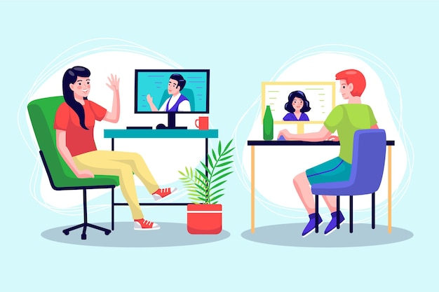 Free vector flat-hand drawn friends videoconferencing scenes