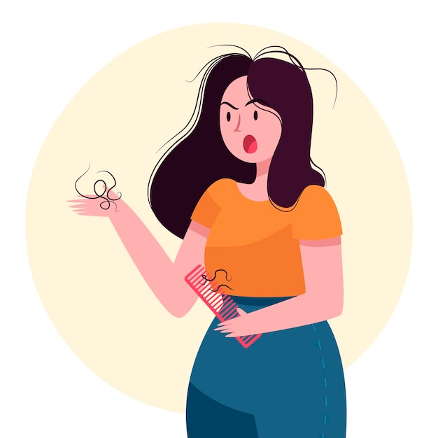 Плоская рисованная иллюстрация потери волос с сердитой женщиной