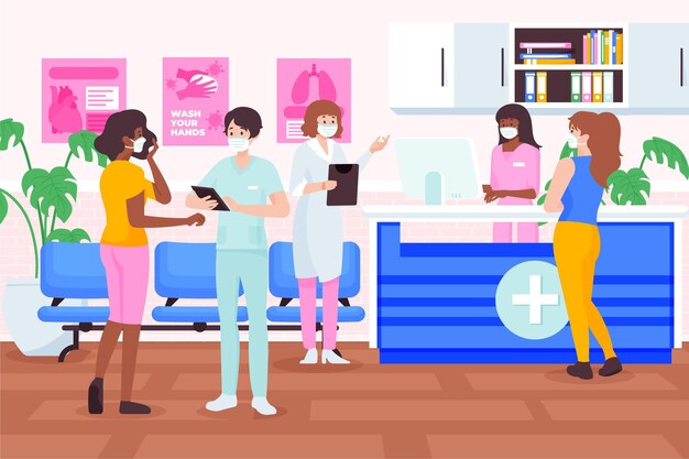 Flat-hand drawn hospital reception illustration with nurses and doctors