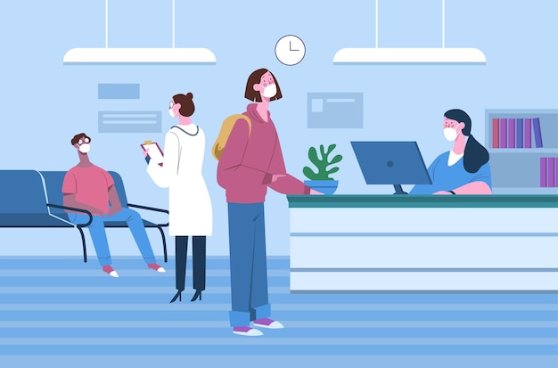 フェイスマスクを着用した人々との手描きの病院の受付シーン 無料のベクター