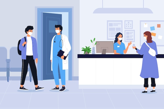 Free vector flat-hand drawn hospital reception scene