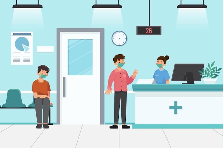 मुफ़्त वेक्टर flat-hand drawn hospital reception scene