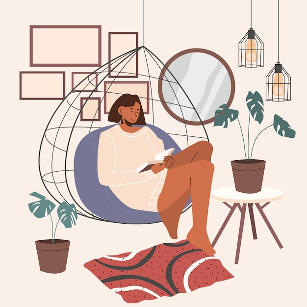 Flat-hand drawn hygge lifestyle illustration with people
