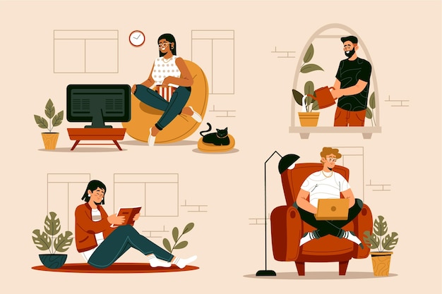 Flat-hand drawn hygge lifestyle illustration with people