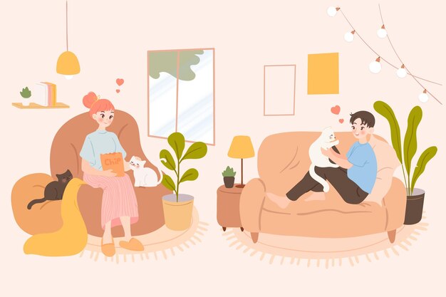 Flat-hand drawn hygge lifestyle illustration