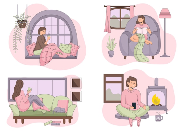 Flat-hand drawn hygge lifestyle scenes