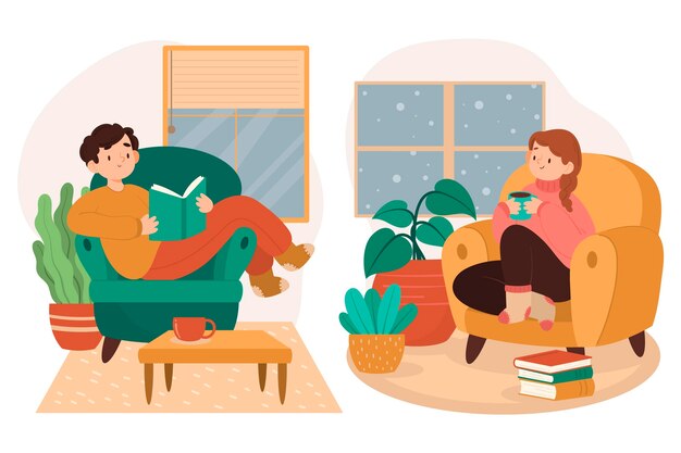 Flat-hand drawn hygge lifestyle scenes