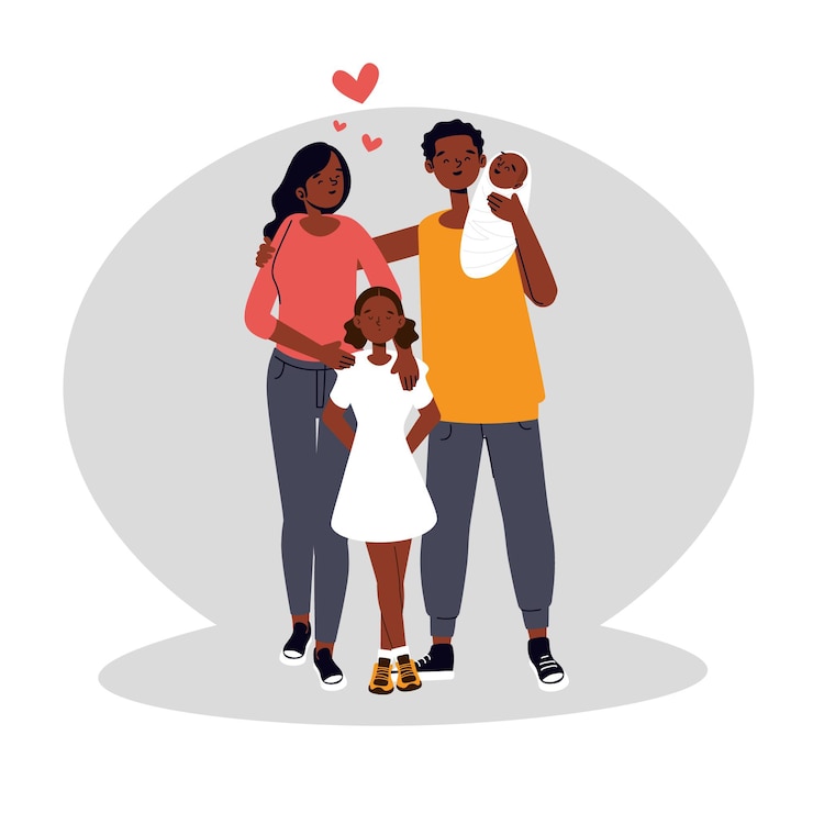Free Vector flat-hand drawn illustration black family with a baby