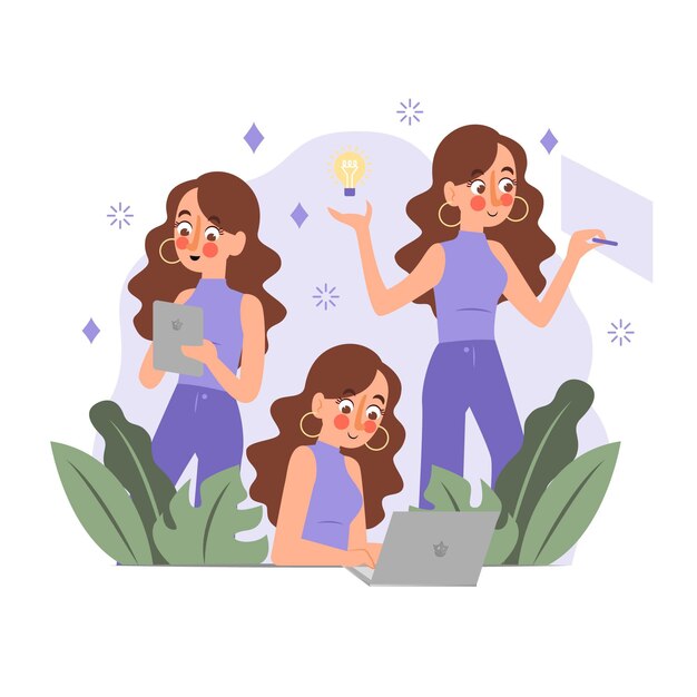 Flat-hand drawn multitasking businesswoman illustration