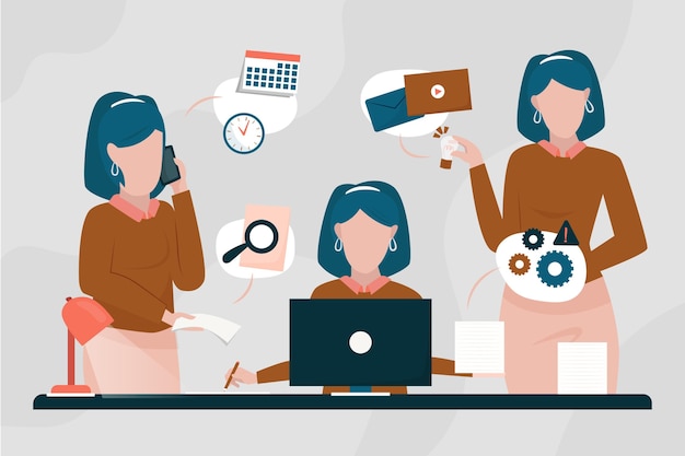 Flat-hand drawn multitasking businesswoman illustration