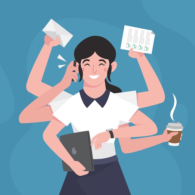 Flat-hand drawn multitasking businesswoman illustration