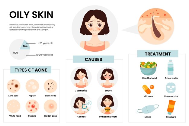 フラット手描きの脂性肌の問題のインフォグラフィック