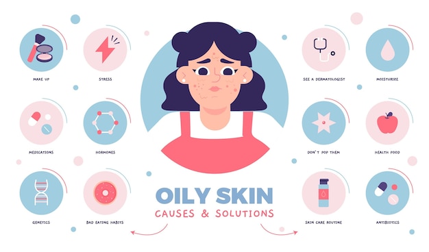 Flat-hand drawn oily skin problems infographic