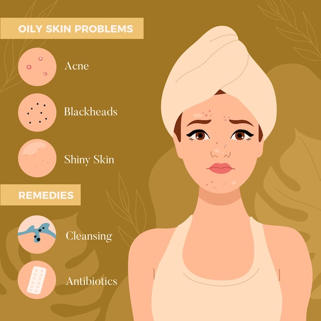 Flat-hand drawn oily skin problems infographic