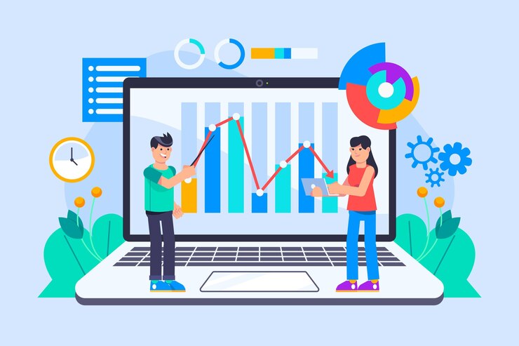 Flat-hand drawn people analyzing growth chart illustration
