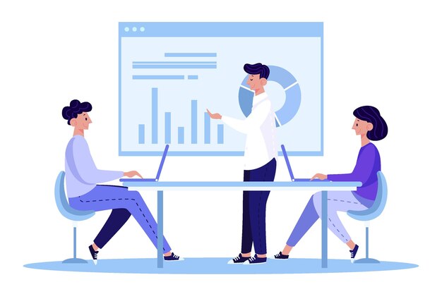 Flat-hand drawn people analyzing growth chart illustration