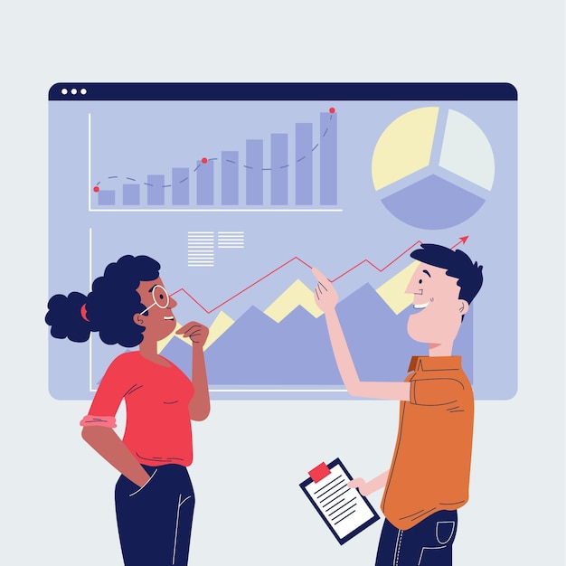 Free vector flat-hand drawn people analyzing growth charts illustration