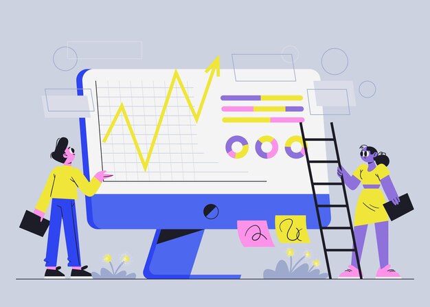 Flat-hand drawn people analyzing growth charts