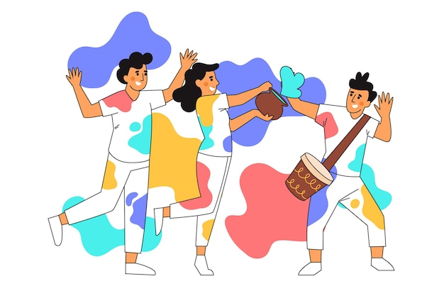 ホーリー祭を祝う平らな手描きの人々