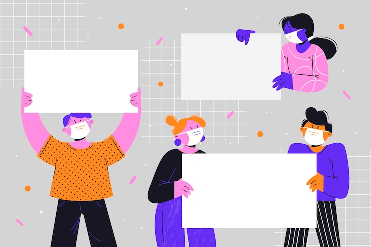 Free Vector flat-hand drawn people in medical masks with blank placards