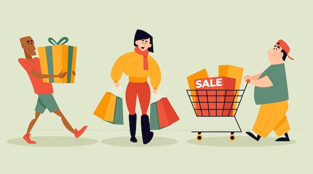 Free vector flat-hand drawn people shopping on sale illustration