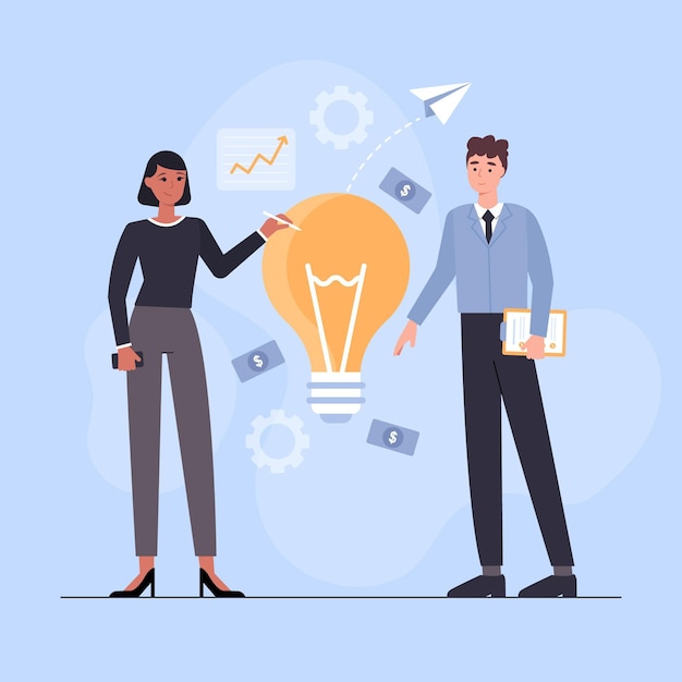 Free vector flat-hand drawn people starting a business project with light bulb