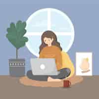 Free vector flat-hand drawn remote working illustration with woman