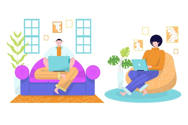 Free vector flat-hand drawn remote working illustration
