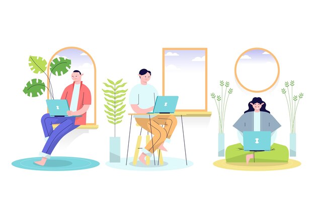 Flat-hand drawn remote working illustration