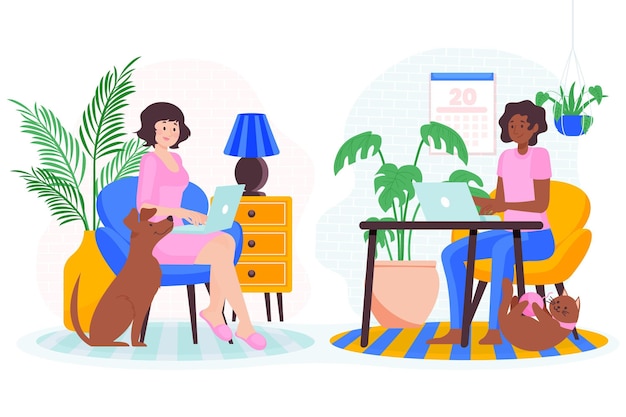 Flat-hand drawn remote working illustration