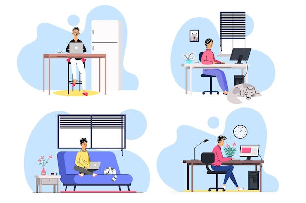 Free vector flat-hand drawn remote working scenes