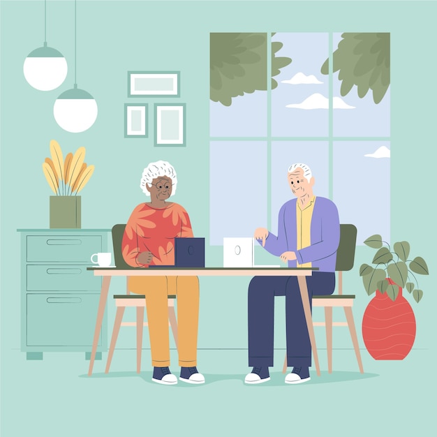 Free vector flat-hand drawn seniors using technology illustration